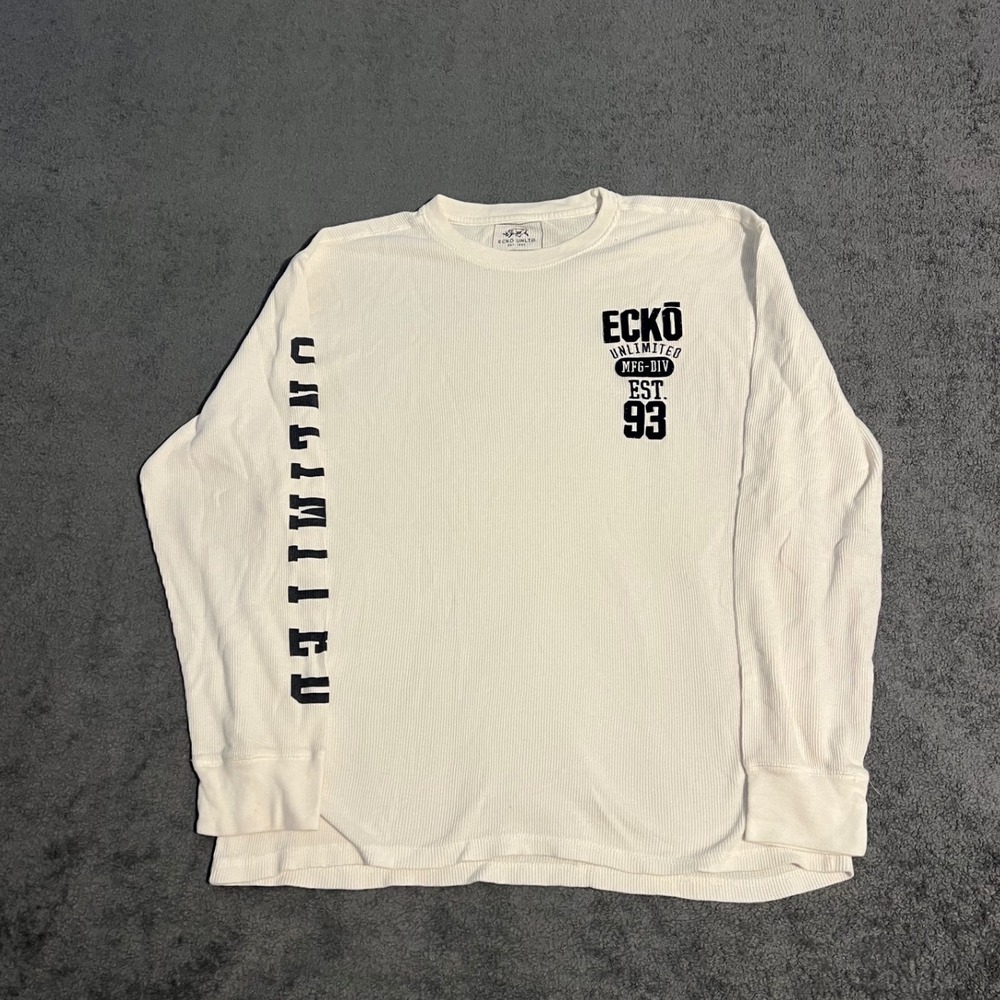 Y2K Ecko Unltd Mens White Waffle Knit Thermal Long Sleeve Shirt 2XL